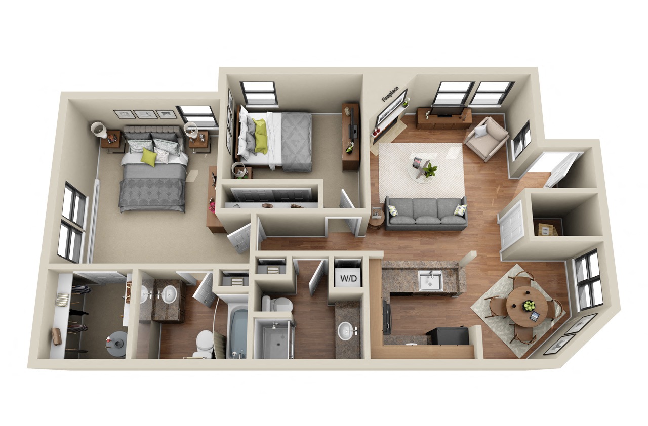Floor plan for 2 beds, 1.8 baths, 881 sqft